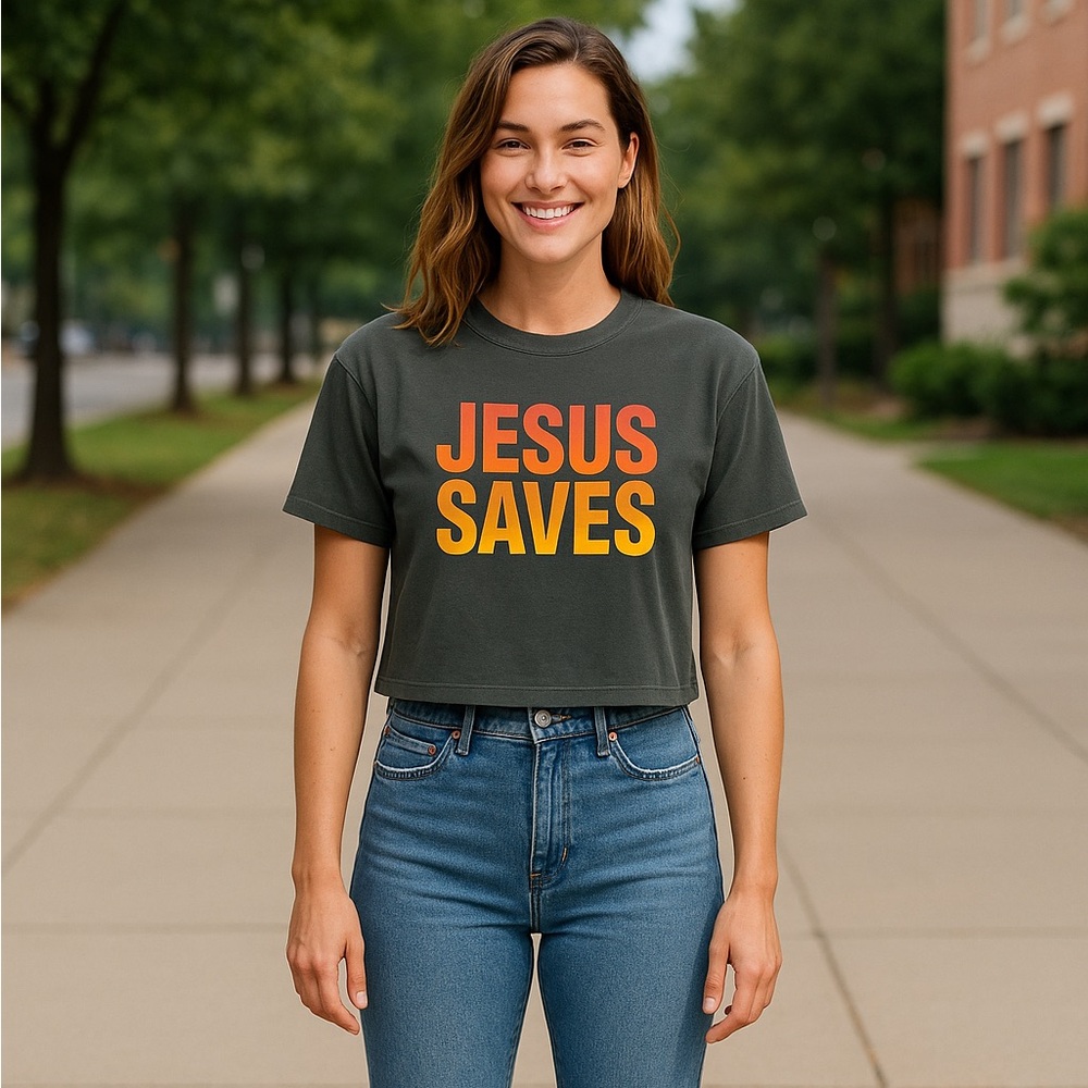 Comfort Colors Garment Dyed Cropped T-Shirt “Jesus Saves” Christian Tee Large